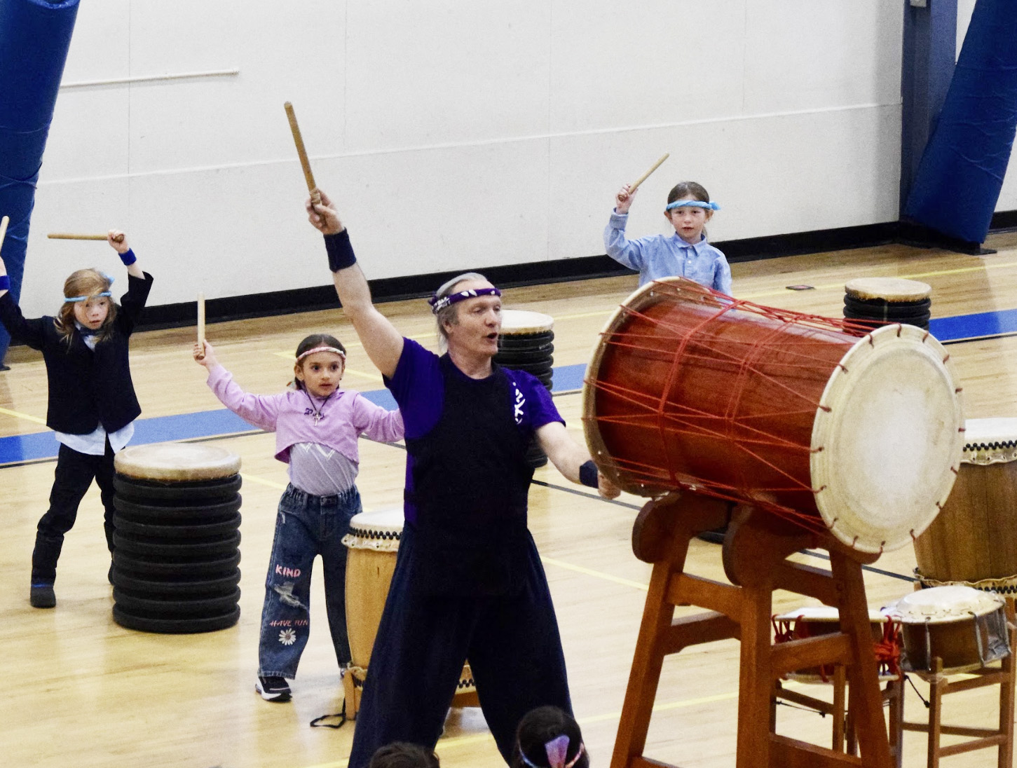 students and Sensei drumming